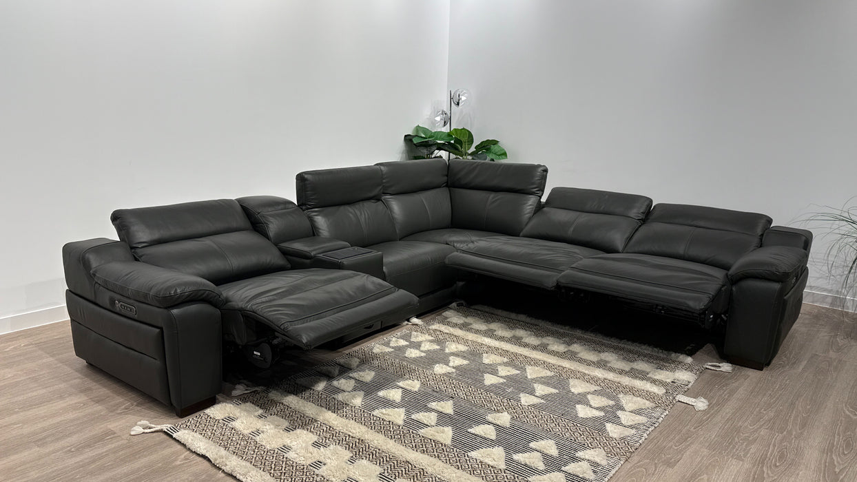 Sofology Portland Leather 3 Console Corner 3 Power Recliner/Headrest Heated Seats in Trusty Embossed Charcoal