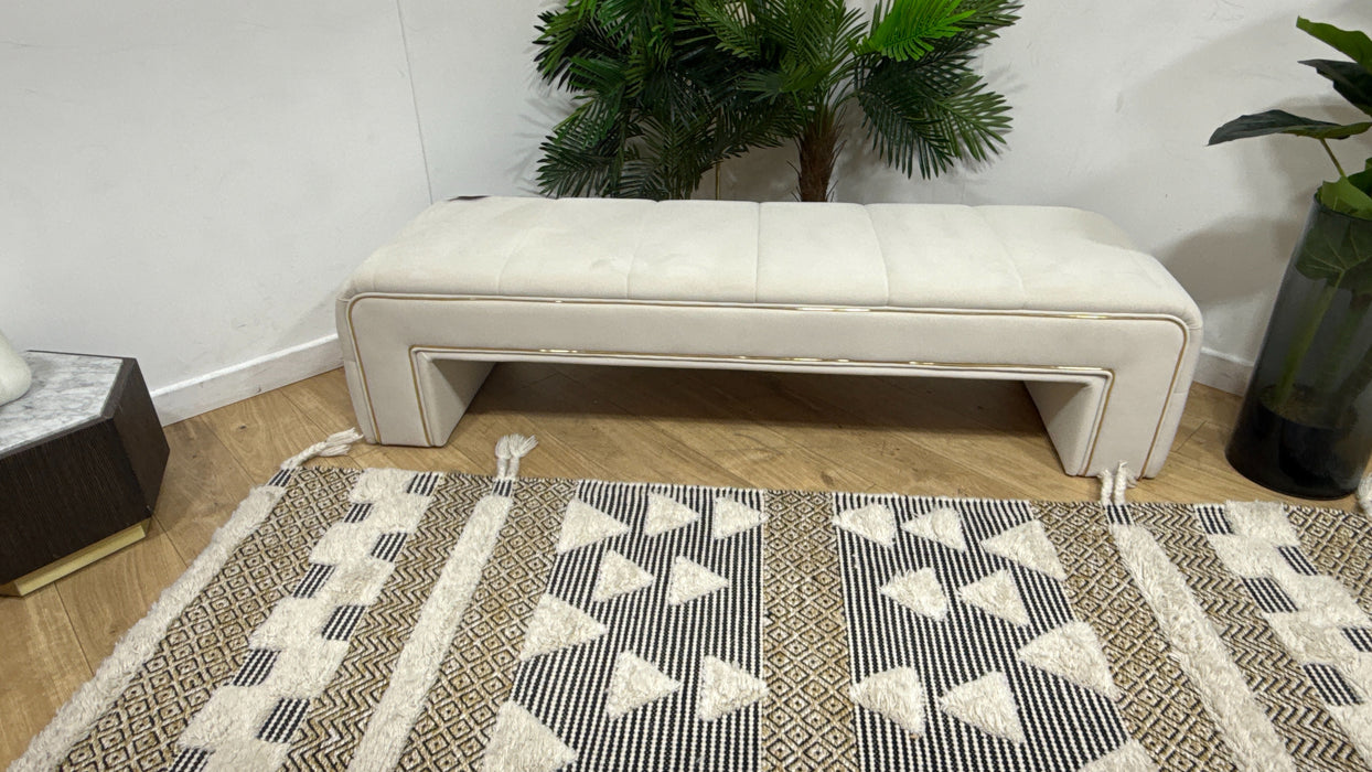 Sofology Oscar Fabric Large Bench Footstool Gold Trim in Super Matt Velvet Ecru