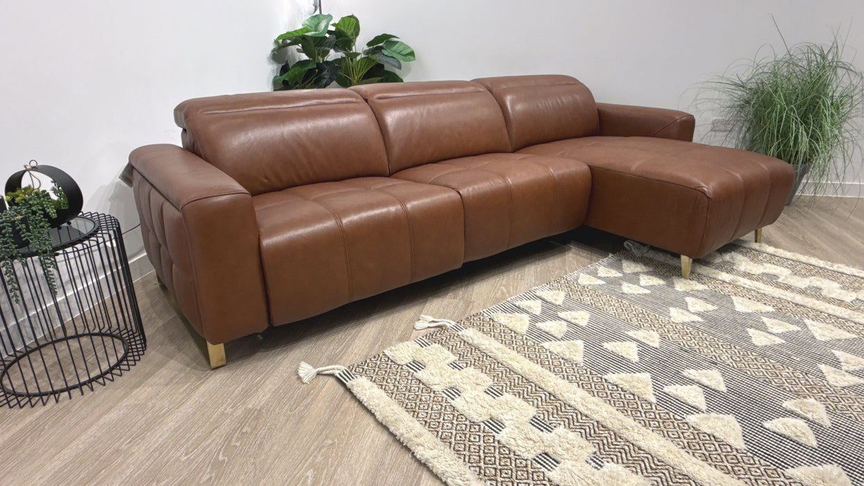 Sofology Marvella Leather 4 Seater Chaise Power Recliner/Headrest in Trusty Sheen Butterscotch