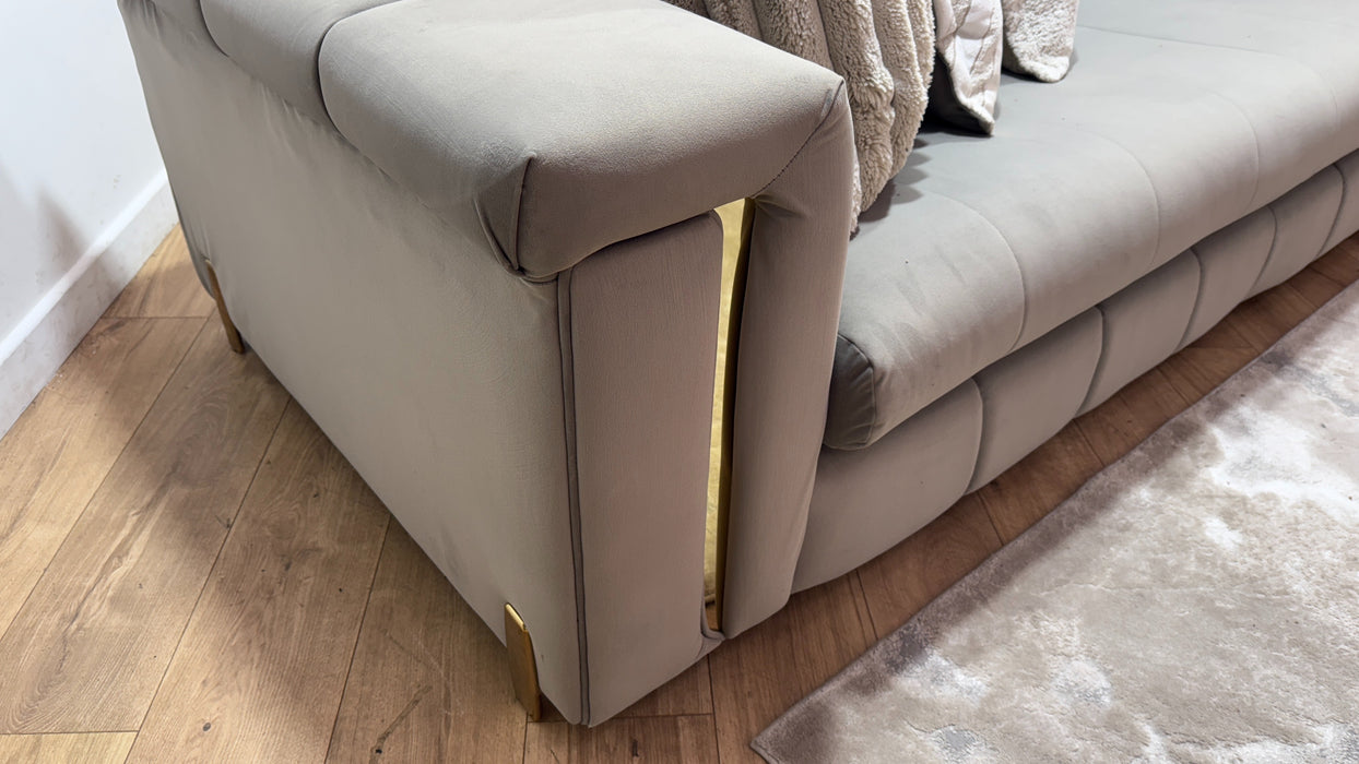 Sofology Oscar Fabric 4 Seater Gold Trim in Super Matt Velvet Pebble Mix