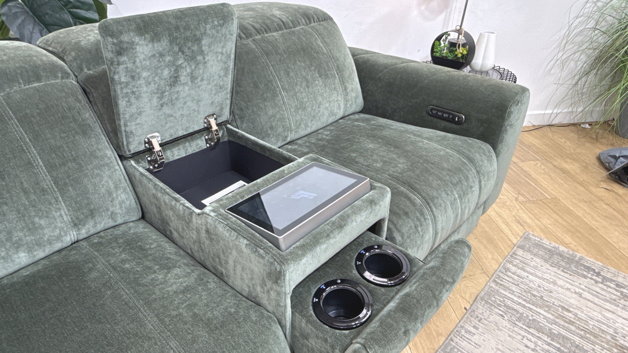 Sofology Alllure Fabric 2 Seater Screen Console Power Recliner/Headrest Heated Seats Lumbar Support Speakers in Relaxed Chenille Pine