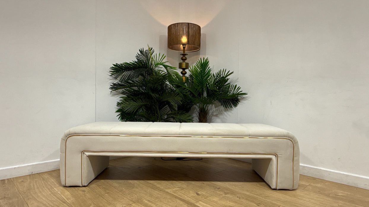 Sofology Oscar Fabric Large Bench Footstool Gold Trim in Super Matt Velvet Ecru