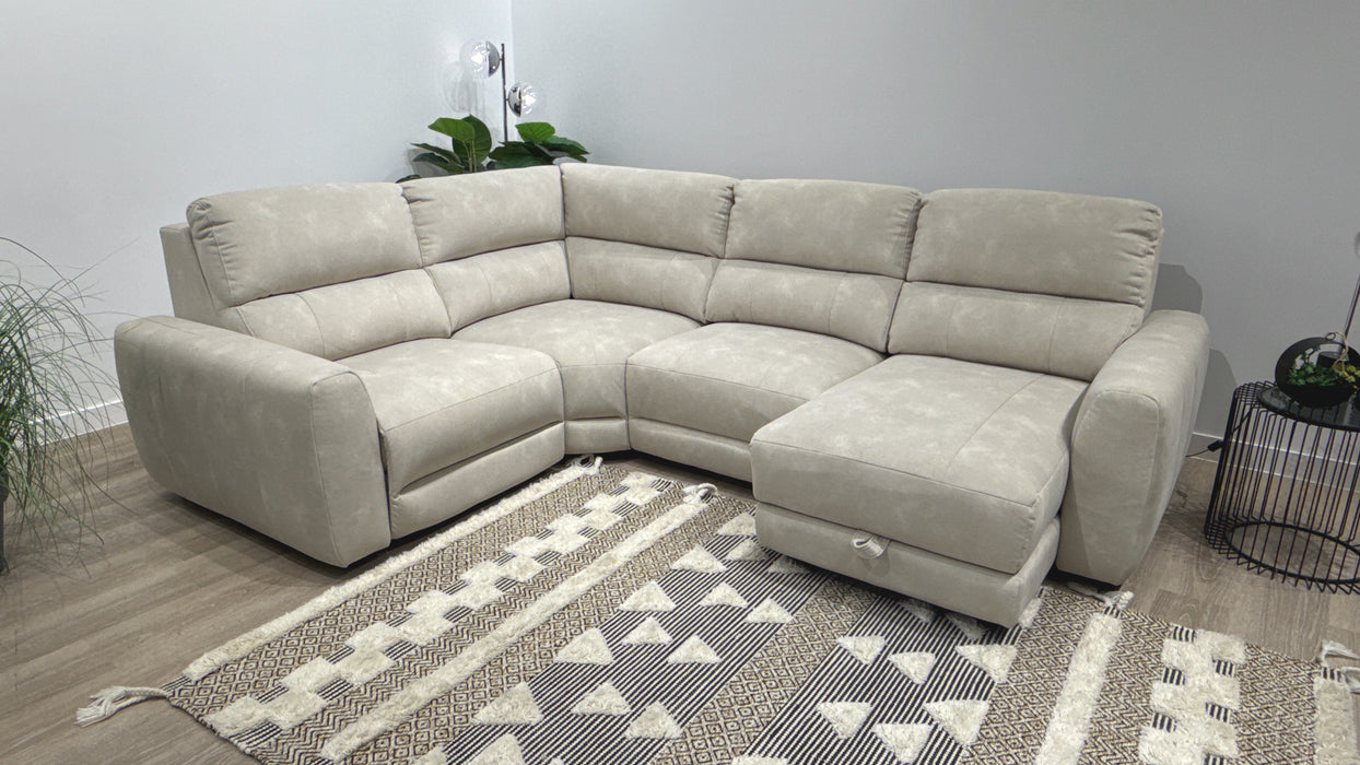 Sofology Portofino Fabric 1.5 Corner 3 Chaise Power Recliner/Headrest Chaise Storage in Lifestyle Flecked Ivory