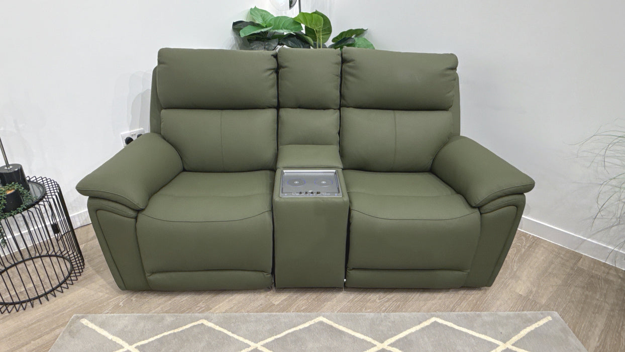 Sofology Atlanta Leather 2 Seater Console Power Recliner/Headrest in Trusty Soft Matt Dark Olive