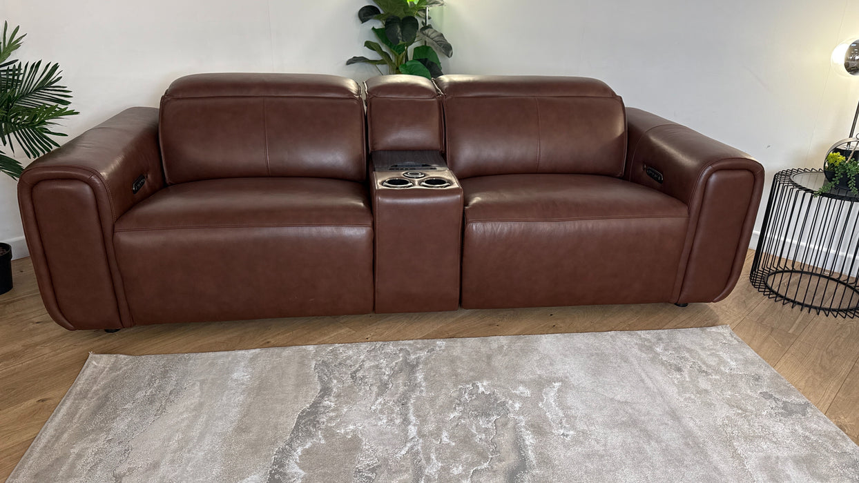 Sofology The Premiere 2.5 Seater Recliner Sofa Console in Trusty Embossed Leather Chestnut