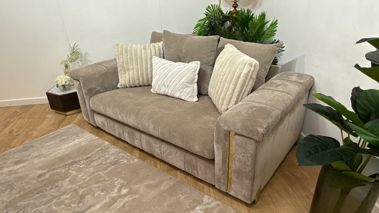 Sofology Oscar Fabric 2 Seater Gold Trim in Fine Textured Chenille Stone Mix
