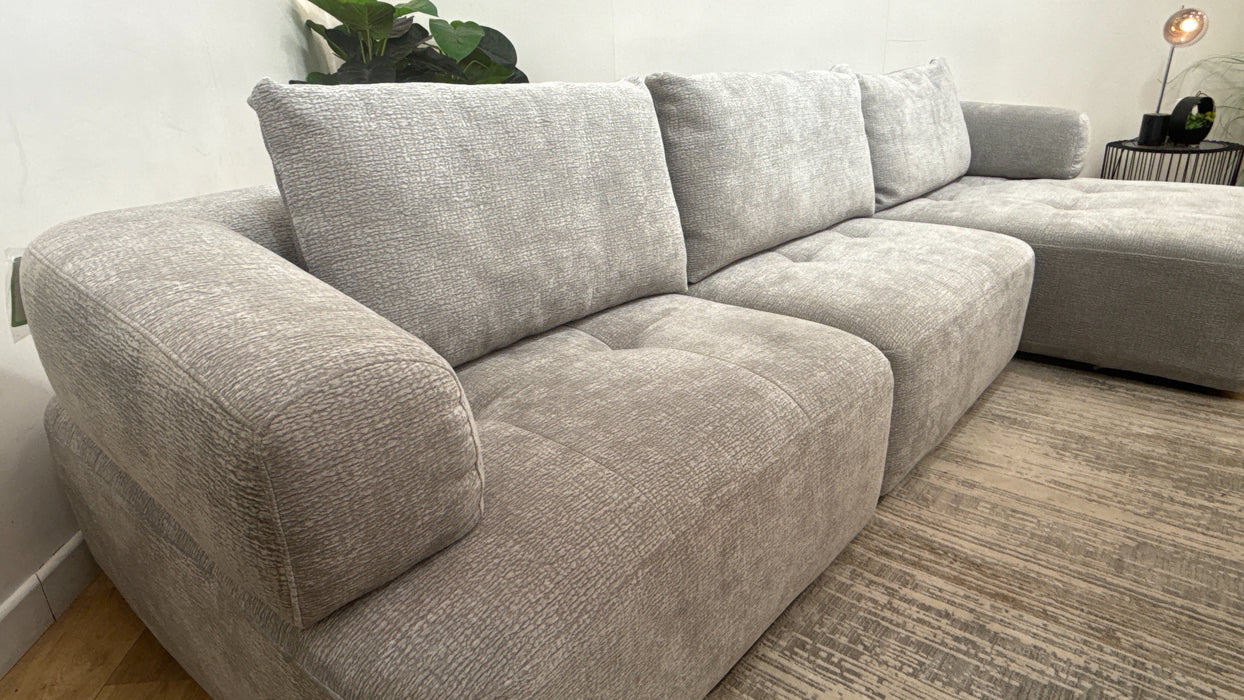Sofology Fabric Flex 4 Seater Chaise Large Full Back Power Motion Back in Heavy Textured Chenille Light Grey