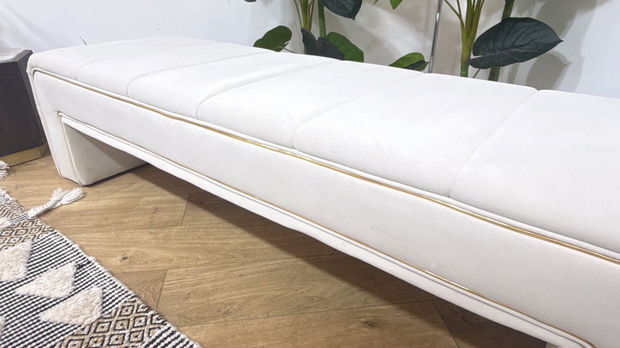 Sofology Oscar Fabric Large Bench Footstool Gold Trim in Super Matt Velvet Ecru
