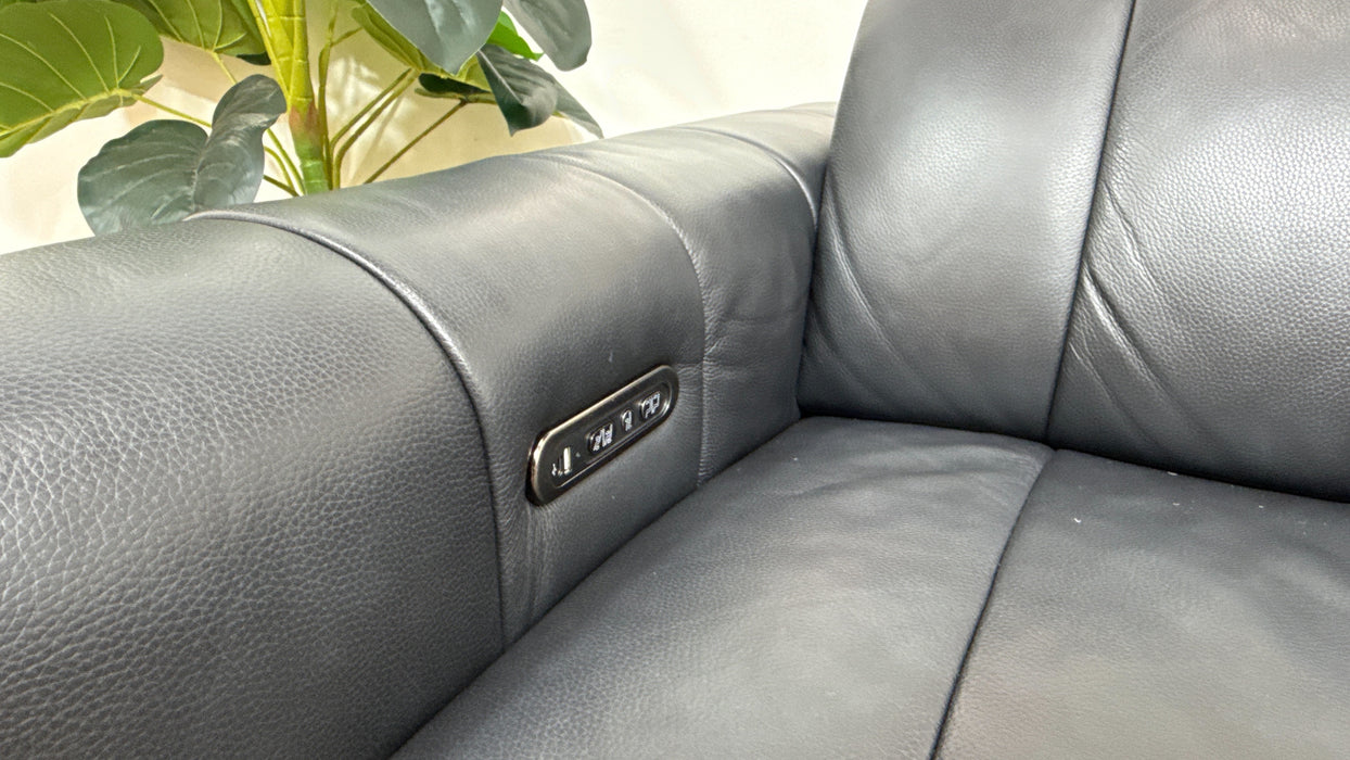 Sofology Paramount Leather 2.5 Seater Console Power Recliner/Headrest Speakers in Trusty Embossed Navy