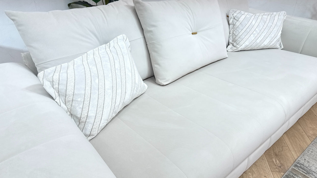 Sofology Oscar Fabric 4 Seater Gold Trim in Super Matt Velvet Ecru Mix