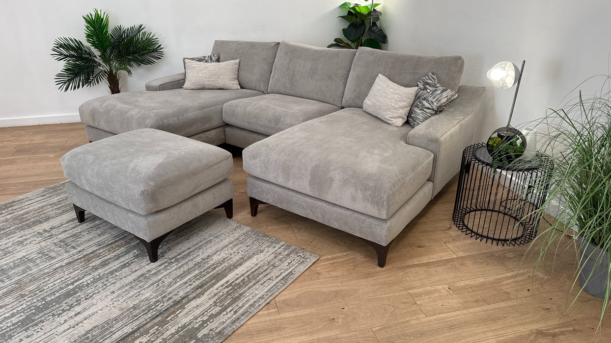 Sofology Wildwood Fabric 4 Seater Double Chaise with Footstool in Soft Sherpa Silver Contrast Piping