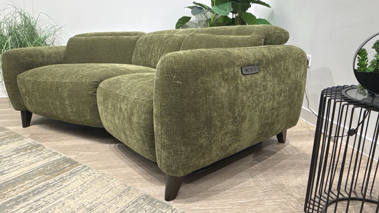 Sofology Larsen Fabric Asymmetrical 3 Seater Power Recliner/Headrest in Chunky Linen Look Chenille Olive