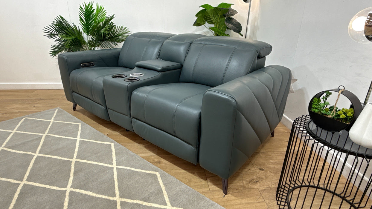 Sofology Allure Leather 2 Seater Smart Console Power Recliner/Headrest in Trusty Embossed Peacock