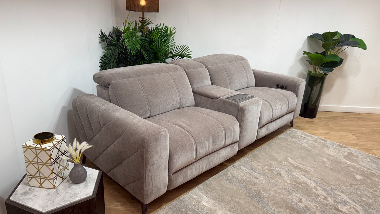 Sofology Allure Fabric 2.5 Seater Screen Console Power Recliner/Headrest Heated Seats Lumbar Speakers in Relaxed Chenille Nutmeg