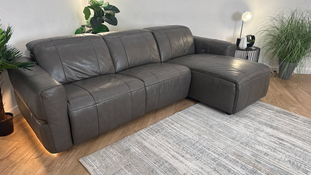 Sofology Lumiere Leather 4 Seater Chaise Power Recliner/Headrest Heated Seat in Trusty Embossed Grey