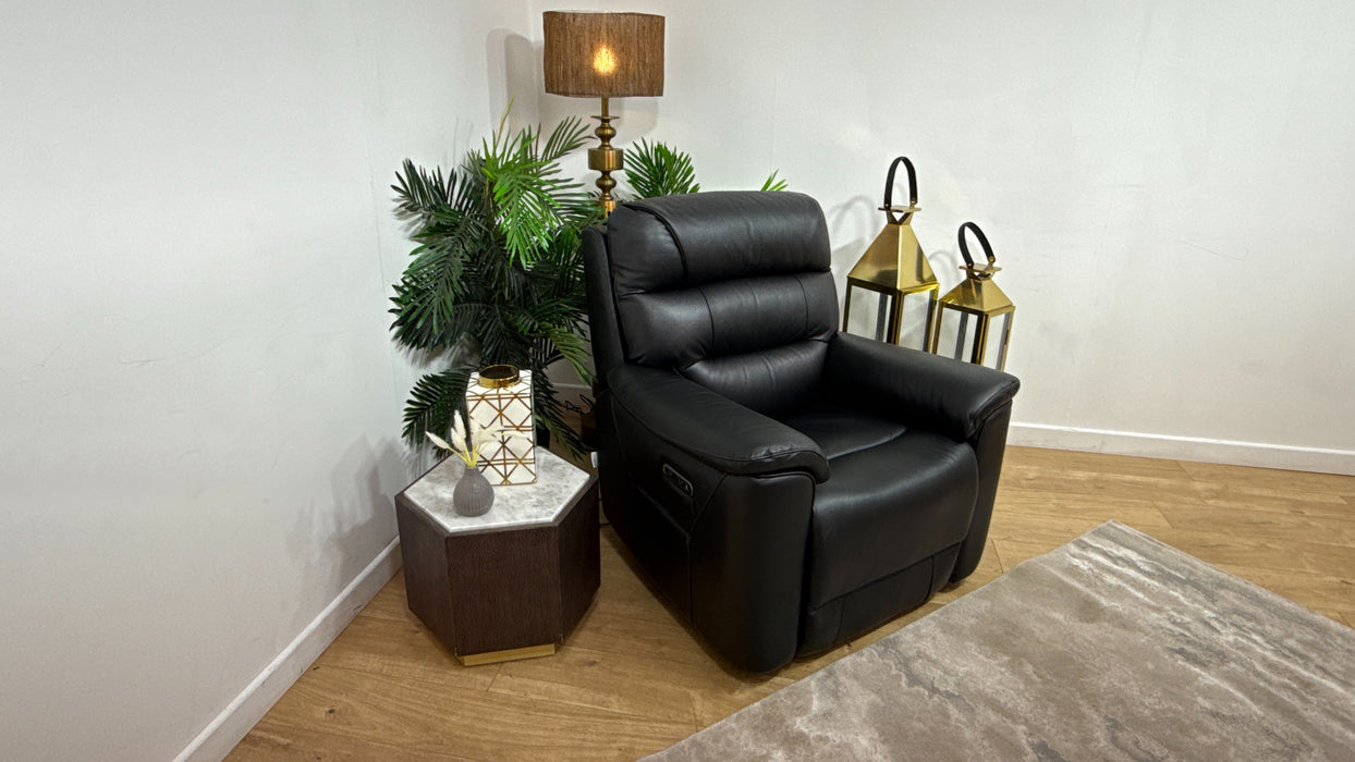 Sofology Cleveland Leather Chair Power Recliner in Trusty Embossed Jet Black