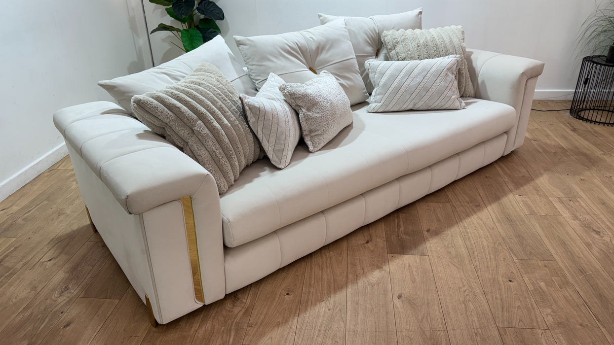 Sofology Oscar Fabric 4 Seater Gold Trim in Super Matt Velvet Ecru Mix