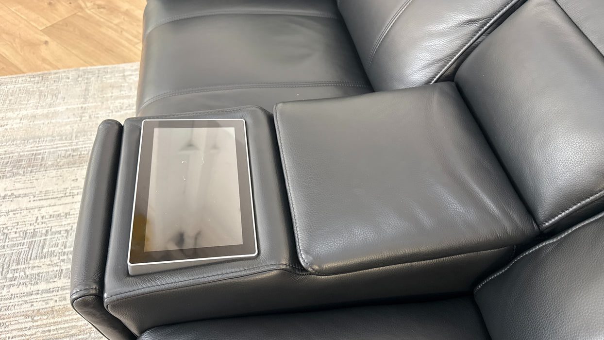 Sofology Allure Leather 2 Seater Power Recliner/Headrest Screen Console Heated Seats Lumbar Speakers in Trusty Embossed Jet Black