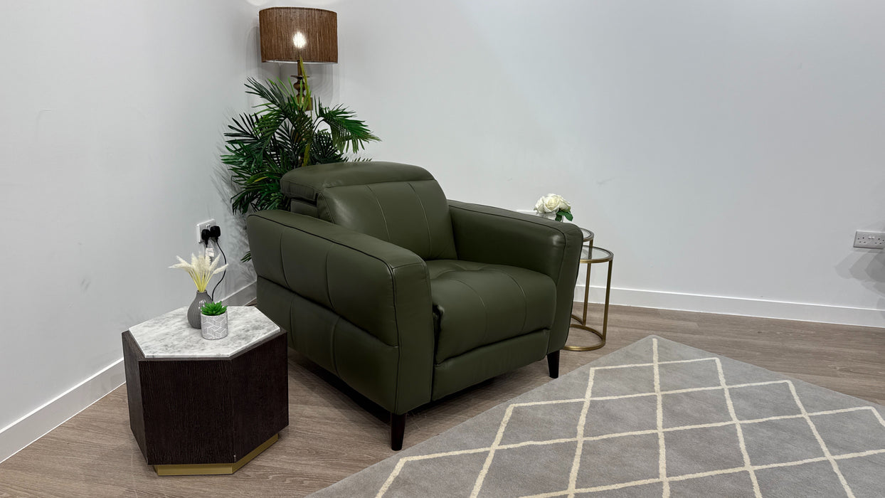 Sofology Jax Leather Chair Power Recliner/Headrest in Trusty Embossed Dark Olive