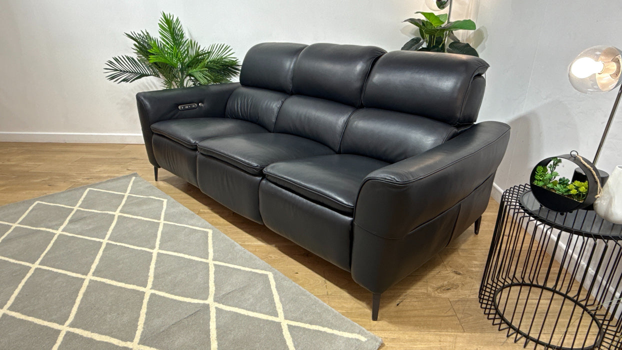 Sofology Viento Leather 3 Seater Power Recliner/Headrest Heated Seats Lumbar Support in Trusty Embossed Jet Black