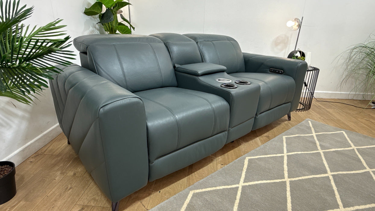 Sofology Allure Leather 2 Seater Smart Console Power Recliner/Headrest in Trusty Embossed Peacock