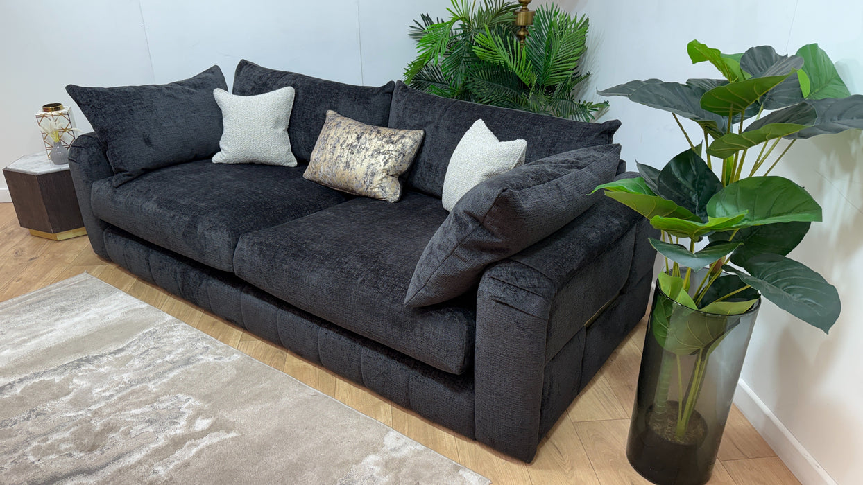 Sofology Westwood Fabric 4 Seater Gold Trim in Teddy Chenille Black Mix