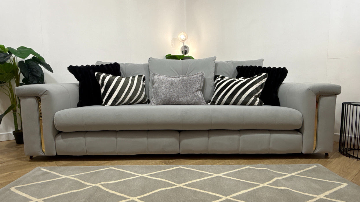 Sofology Oscar Fabric 4 Seater Split Gold Trim in Super Matt Velvet Silver Mix
