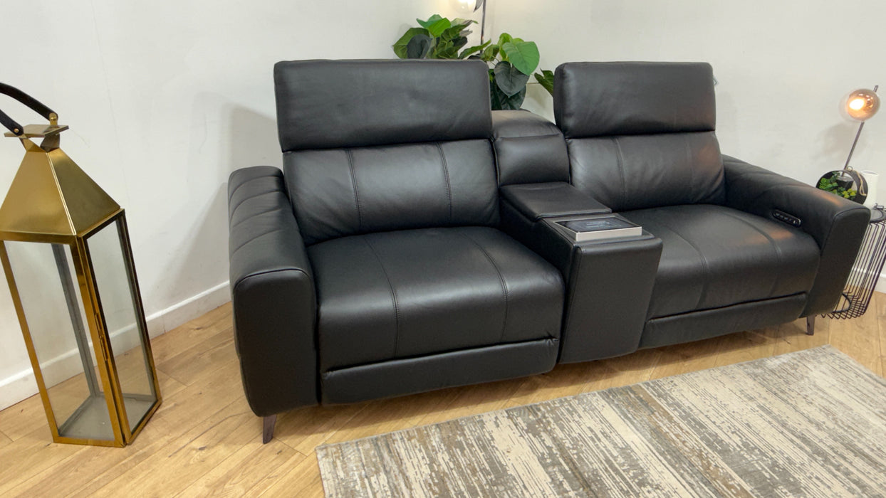 Sofology Allure Leather 2.5 Seater Screen Console Power Recliner/Headrest Heated Seats Lumbar Speakers in Trusty Embossed Jet Black