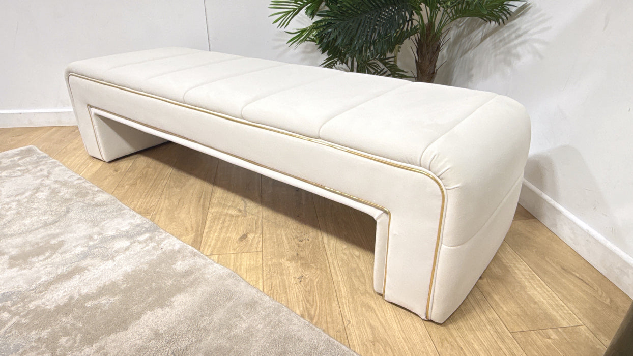 Sofology Oscar Fabric Large Bench Footstool Gold Trim in Super Matt Velvet Ecru