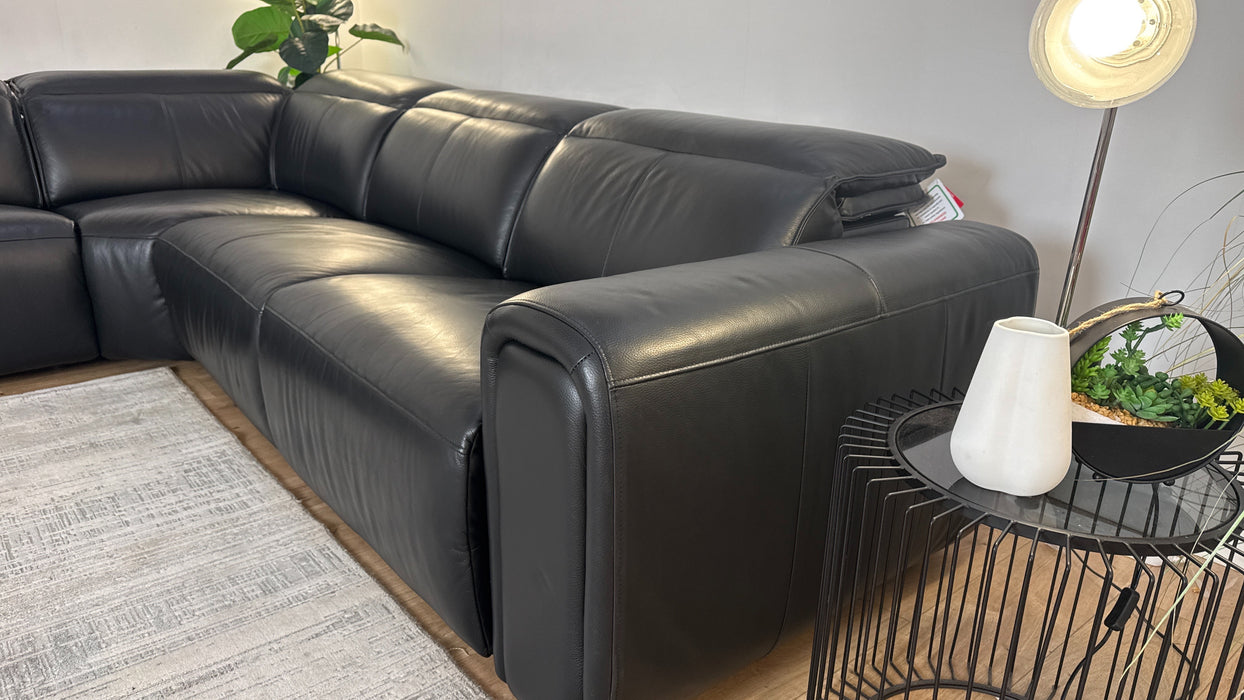 Sofology Premiere Leather 1.5 Corner 3 Power Recliner/Headrest in Trusty Embossed Jet Black