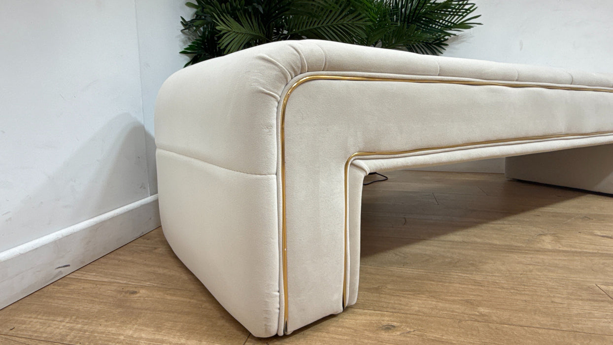 Sofology Oscar Fabric Large Bench Footstool Gold Trim in Super Matt Velvet Ecru
