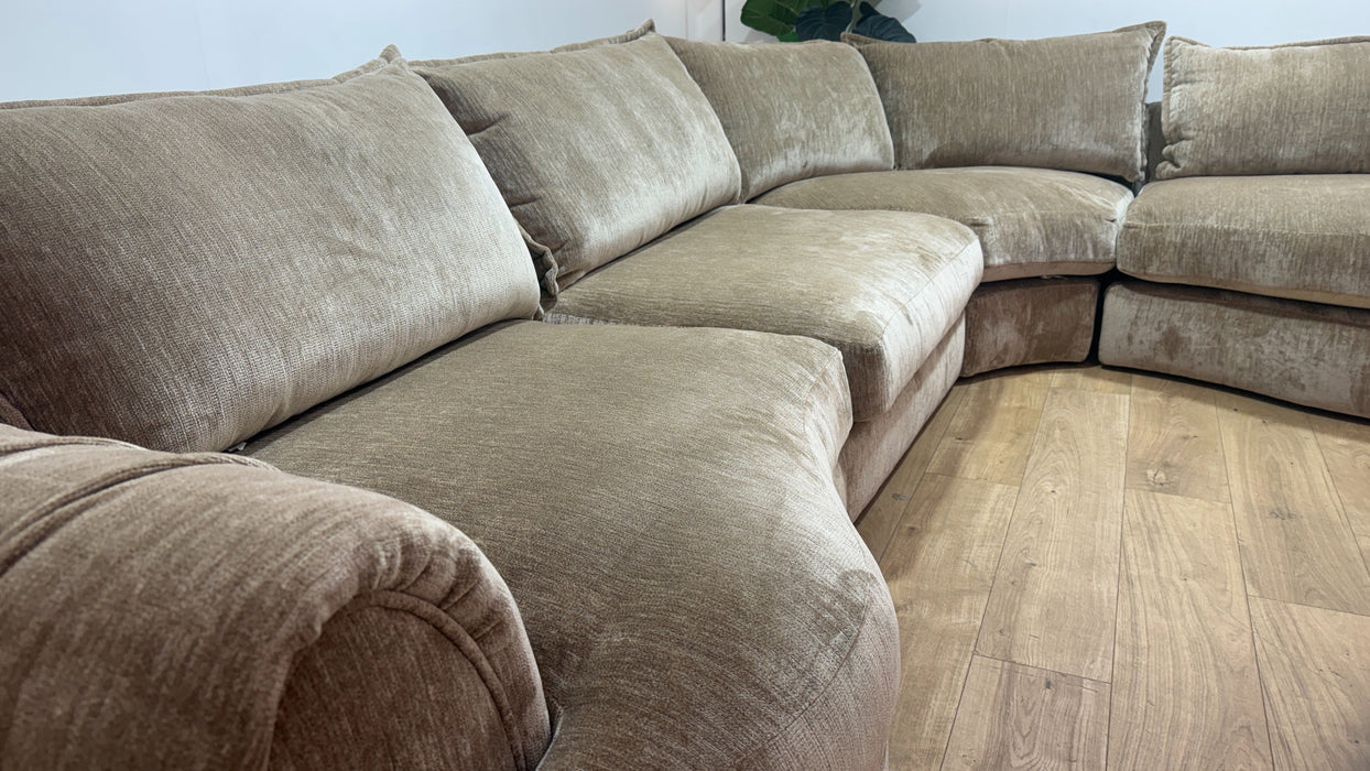 Sofology Lustre Fabric 3 Corner 1.5 Chaise Feather Flex Seats in Luxury Plush Chenille Fawn Mix