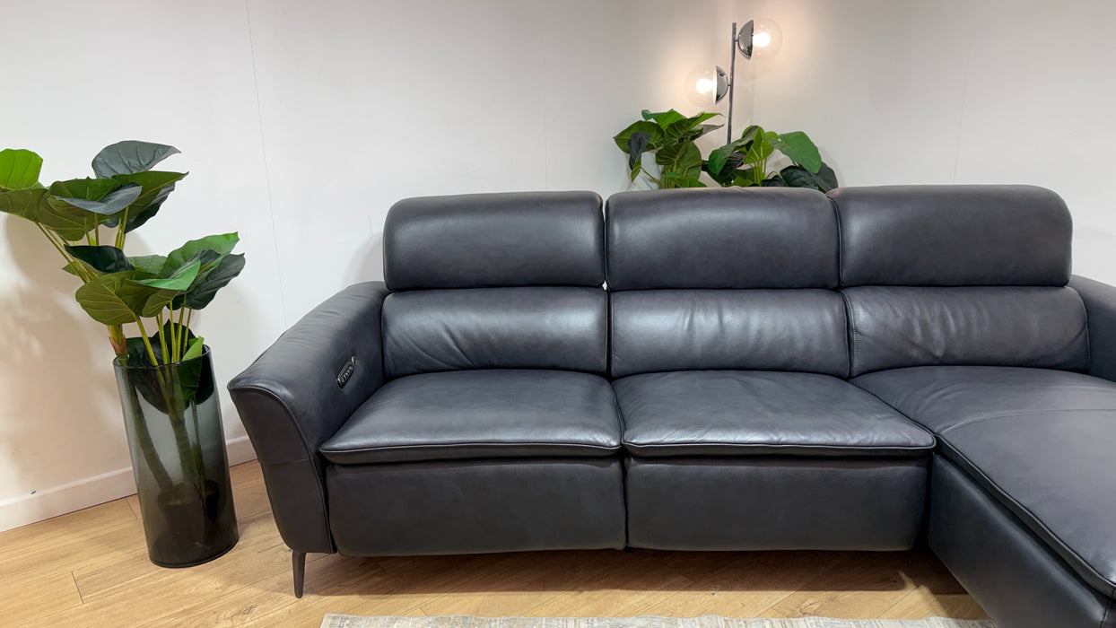 Sofology Viento Leather 3 Seater Chaise Power Recliner/Headrest Heated Seat Lumbar Support in Trusty Embossed Navy