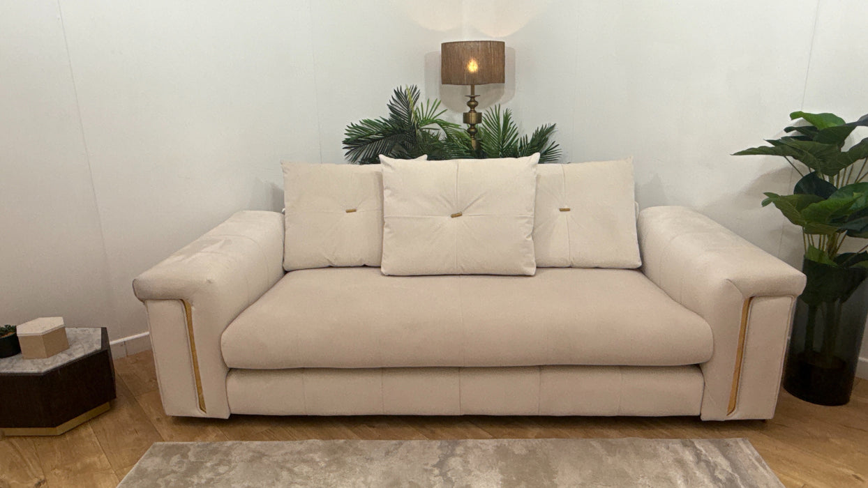 Sofology Oscar Fabric 3 Seater Gold Trim in Super Matt Velvet Ecru Mix