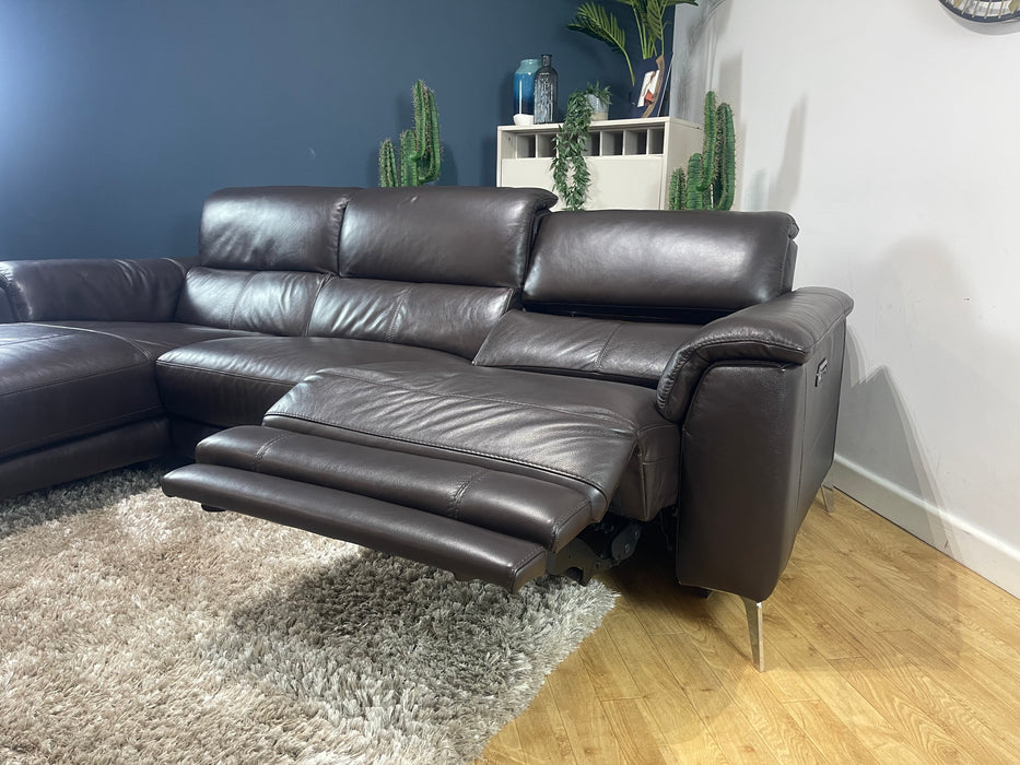 Illinois Chaise 3 Seater Sofa Power Recliner Power Headrest Trusty Soft Sheen Rich Brown Leather