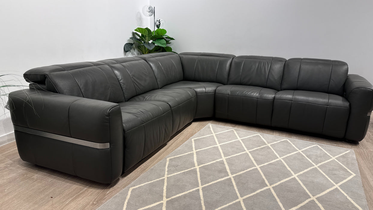 Sofology Lumiere Leather 3 Corner 3 Power Recliner/Headrest in Trusty Embossed Charcoal