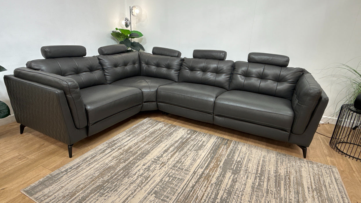 Sofology Muse Leather 1.5 Corner 3 Power Recliner Supportive Headrests in Trusty Embossed Charcoal