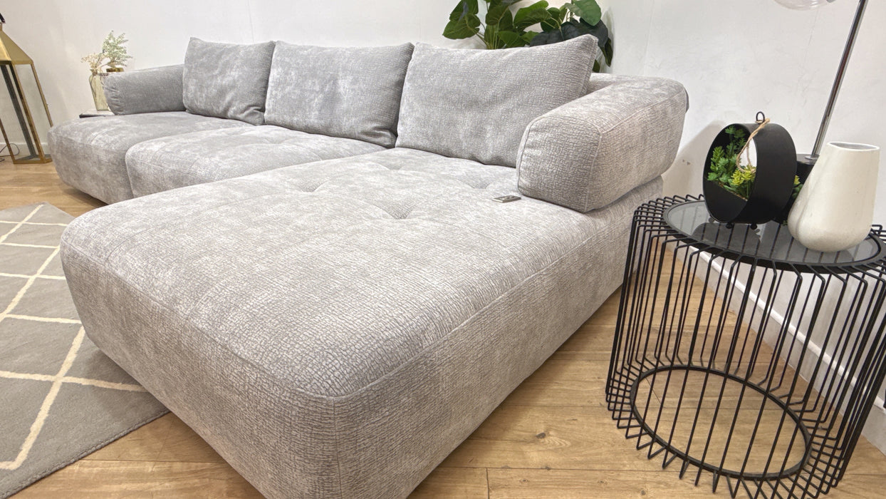 Sofology Fabric Flex 4 Seater Chaise Large Full Back Power Motion Back in Heavy Textured Chenille Light Grey