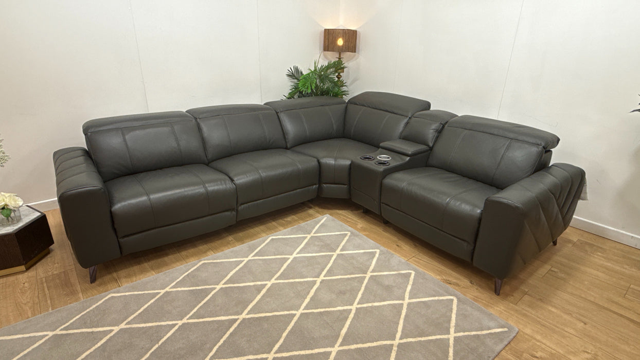 Sofology Allure Leather 3 Corner Smart Console 1.5 Power Recliner/Headrest Heated Seats Lumbar Support Speakers Trusty Embossed Charcoal