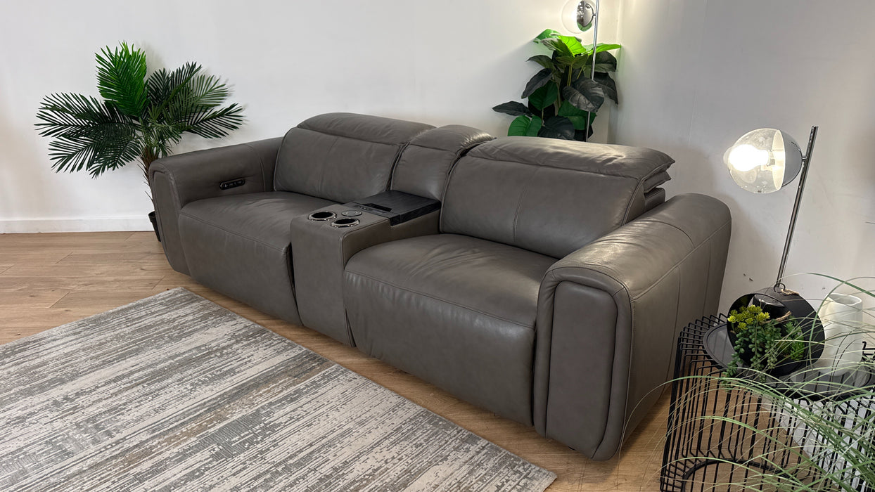 Sofology Premiere Leather 2.5 Seater Smart Console Power Recliner/Headrest in Trusty Embossed Grey