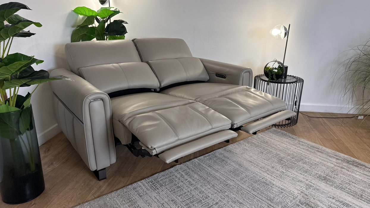 Sofology The Ravello Leather 2 Seater Power Recliner/Headrest Lumbar Support in Trusty Embossed Light Grey