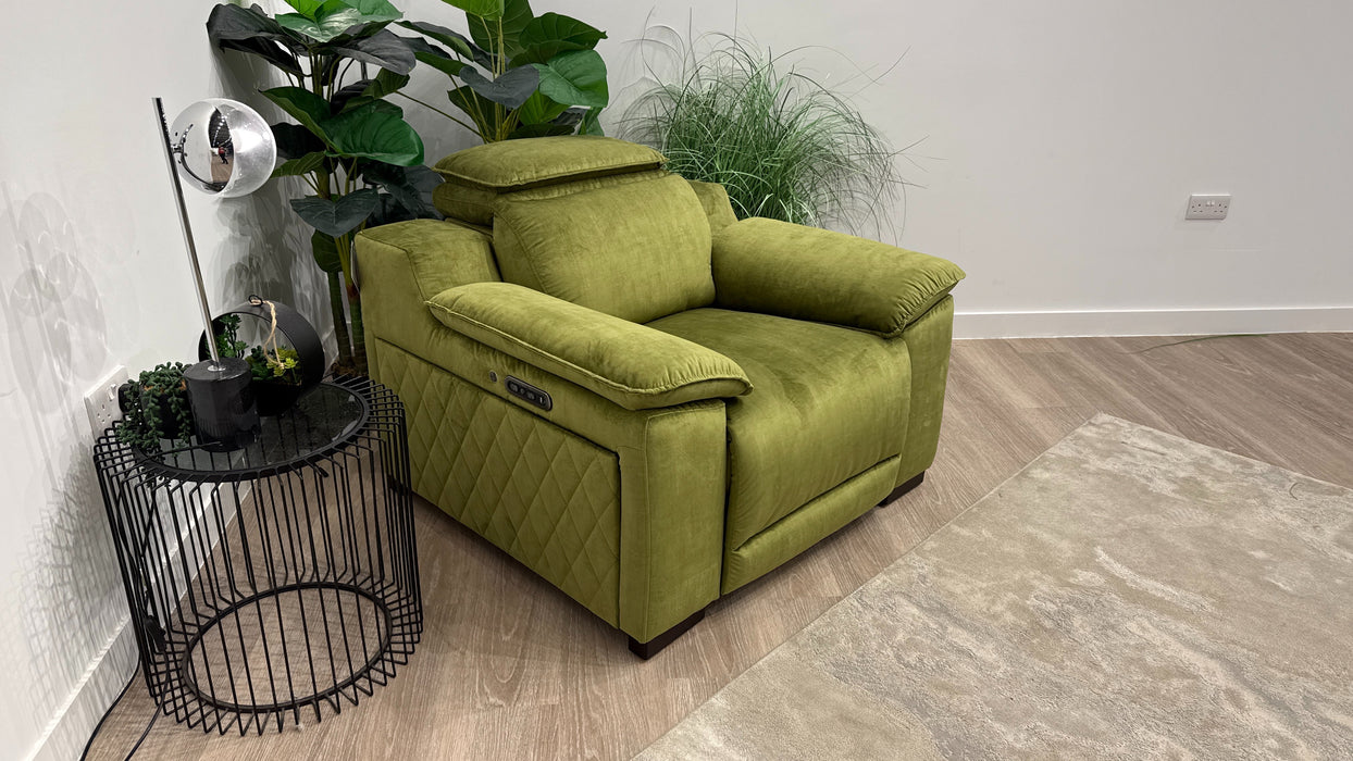 Sofology Benz Fabric Chair Power Recliner/Headrest Heated Seat in Heritage Velvet Olive