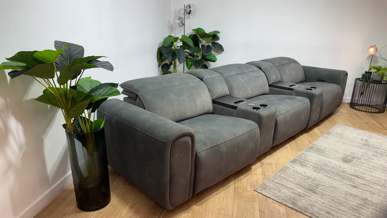 Sofology Premiere Fabric 3 Seater Cinema Sofa Consoles Power Recliner/Headrest x 3 in Lifestyle Flecked Mineral Green