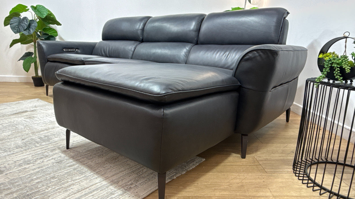 Sofology Viento Leather 3 Seater Chaise Power Recliner/Headrest Lumbar Heated Seat in Trusty Embossed Navy