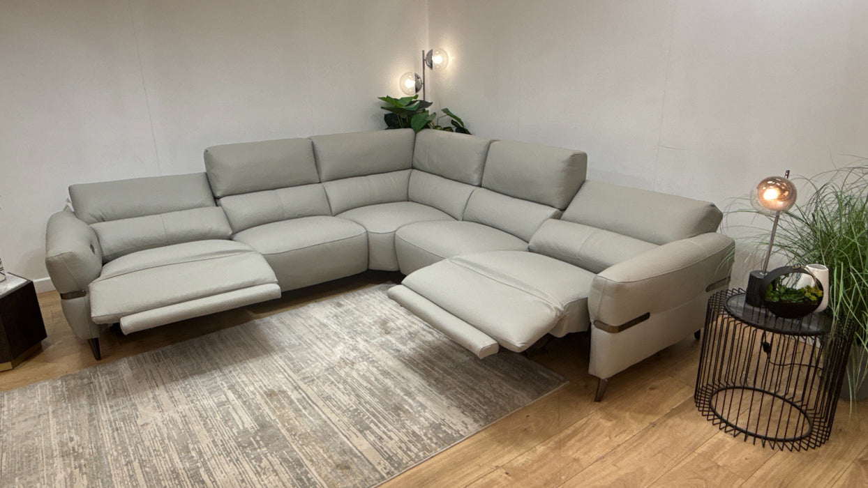 Sofology Arlington Leather 2 Corner 2 Power Recliner/Headrest Lumbar in Trusty Matt Light Grey