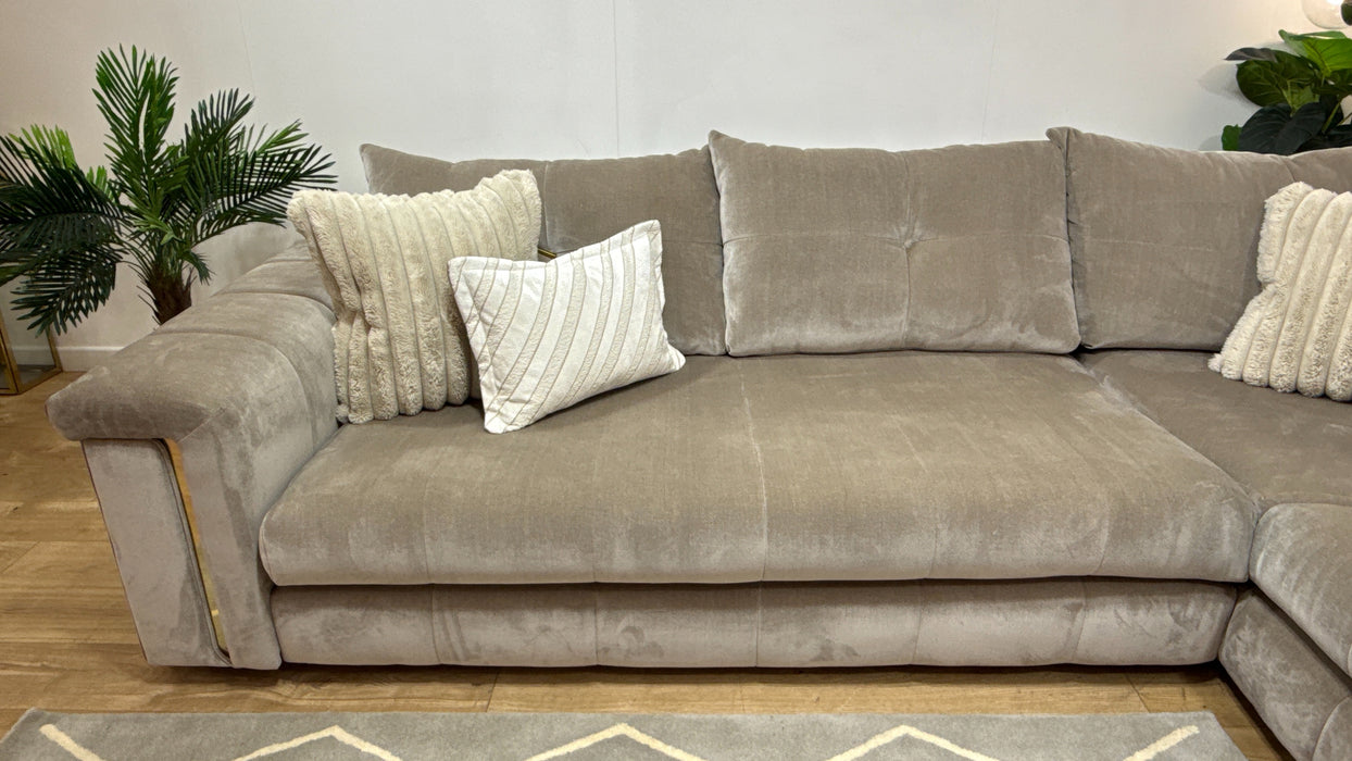 Sofology Oscar Fabric 3 Corner 1 Gold Trim in Fine Textured Chenille Stone Mix