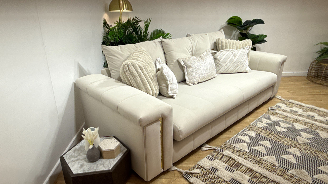 Sofology Oscar Fabric 4 Seater Gold Trim in Super Matt Velvet Ecru Mix
