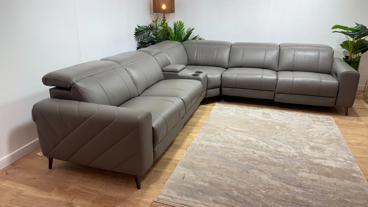 Sofology Allure Leather 3 Corner 3 Smart Console Power Recliner/Headrest Heated Seats Lumbar Support Speakers Trusty Embossed Elephant