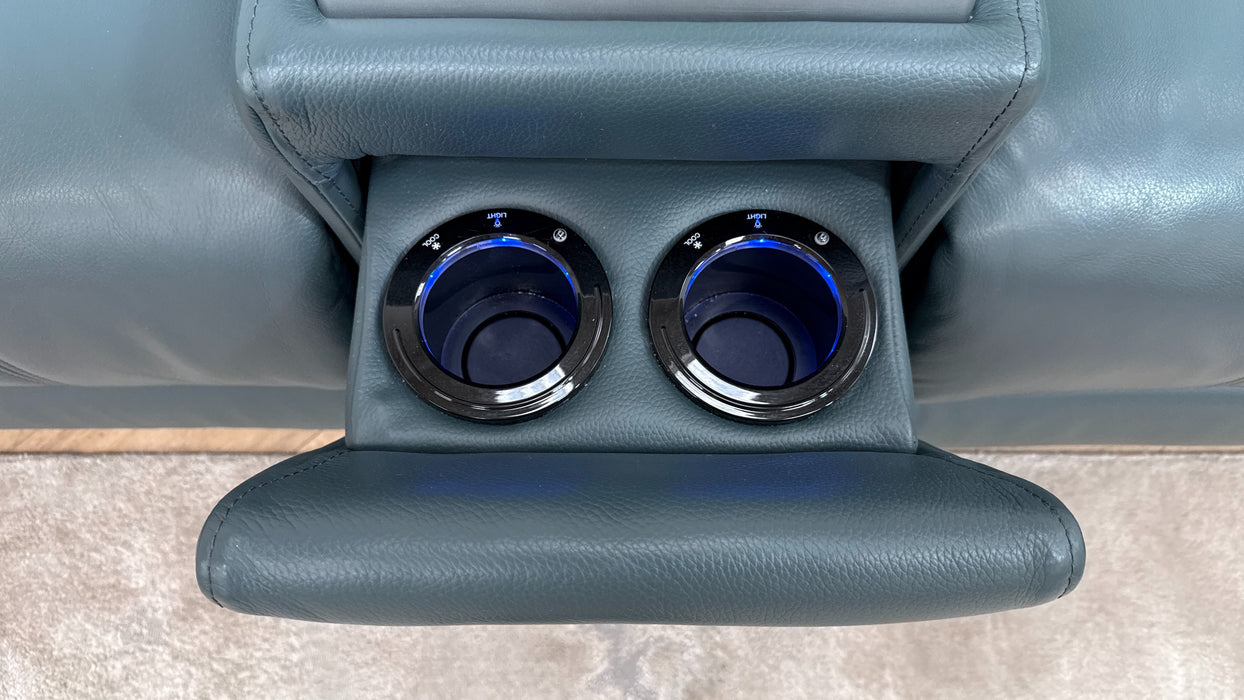 Sofology Allure Leather 2.5 Seater Screen Console Power Recliner/Headrest Heated Seats Lumbar Support Speakers in Trusty Embossed Peacock