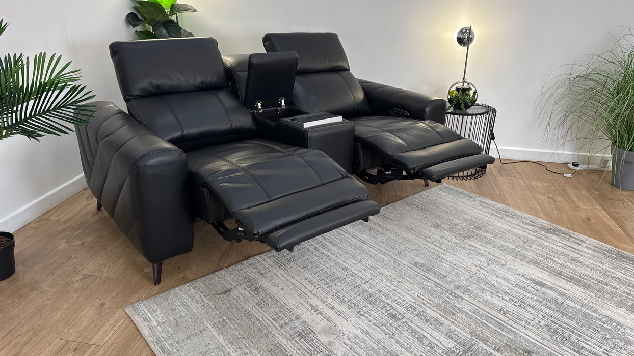 Sofology Allure Leather 2 Seater Power Recliner/Headrest Screen Console Heated Seats Lumbar Speakers in Trusty Embossed Jet Black